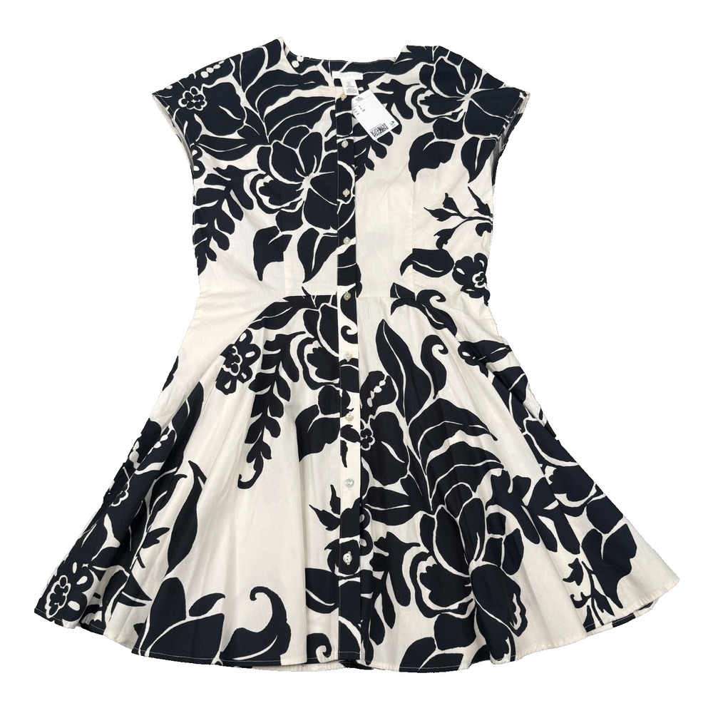 H&M Button Front Dress Womens Small Black White Floral Cotton Flared Swing NWT